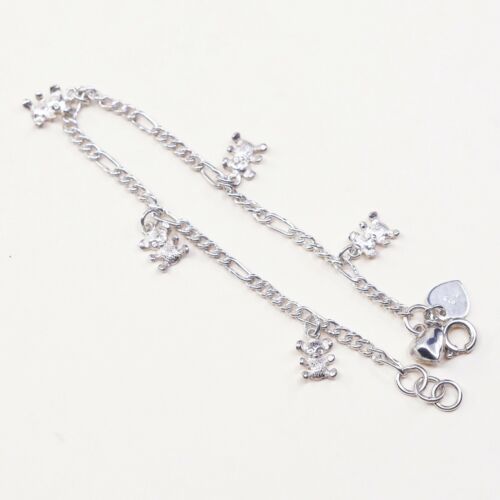 6.75”, 3mm, Vtg Sterling Silver Bracelet 925 Figaro Chain W/ Bear N Heart Charm