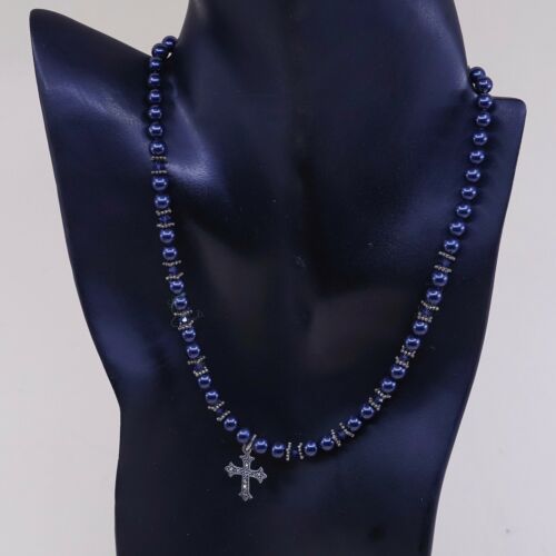 18” Vtg Sterling 925 Silver Handmade Black Pearl Necklace W/ Cross Pendant