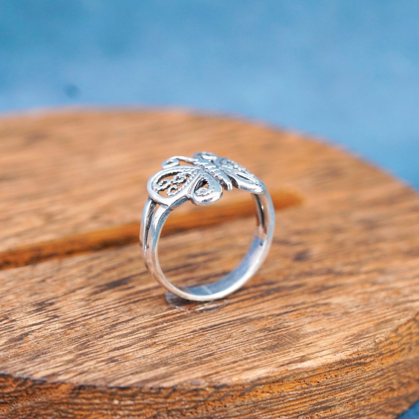 Size 7, vintage sterling silver handmade ring, 925 filigree butterfly band