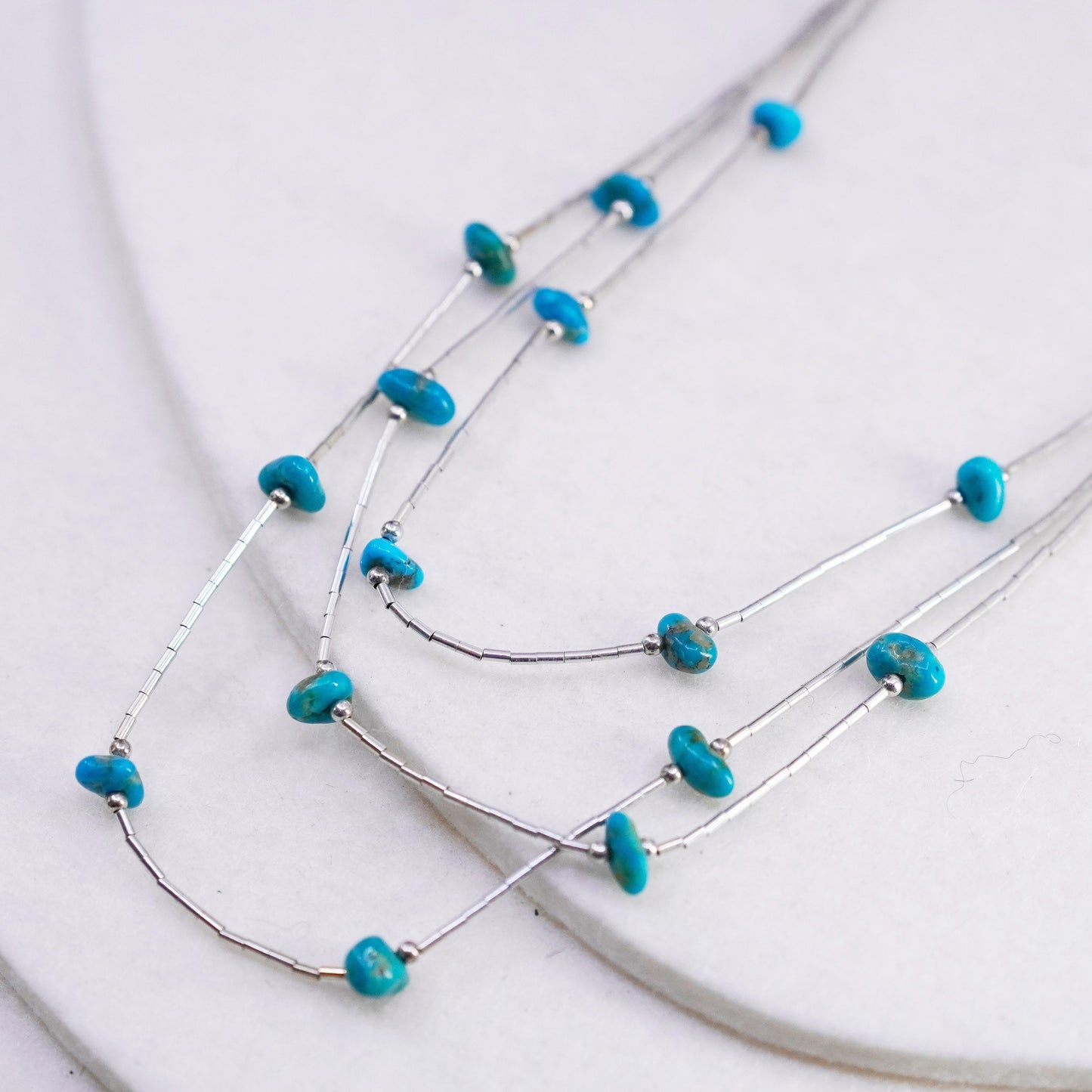 18”, liquid Sterling 925 silver necklace, Native American turquoise beads