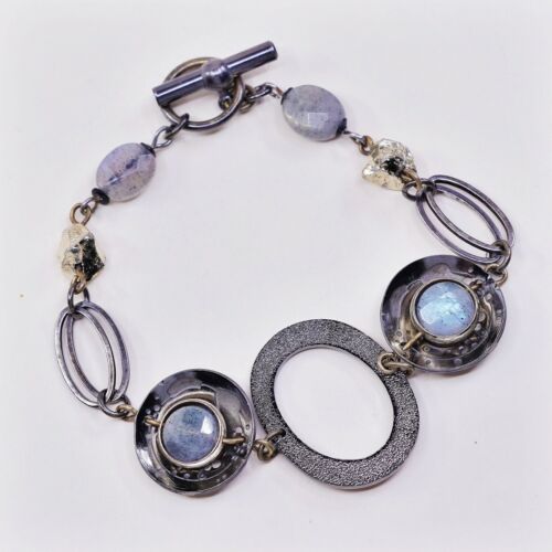 6.5”, Vtg Antique Brass Bracelet W/ Disc Charm N Moonstone Inlah