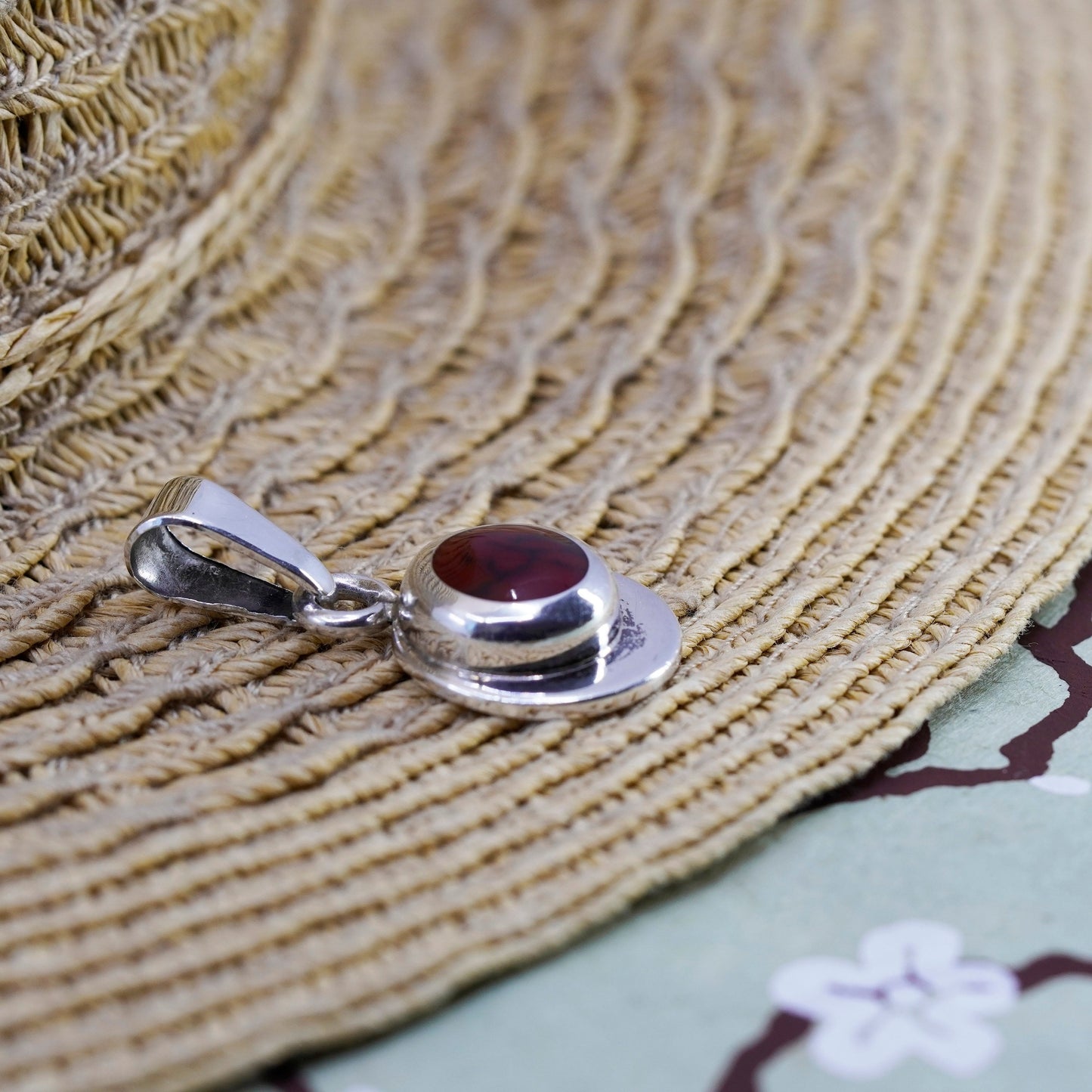 Vintage Mexico Sterling 925 silver handmade round pendant with red jasper