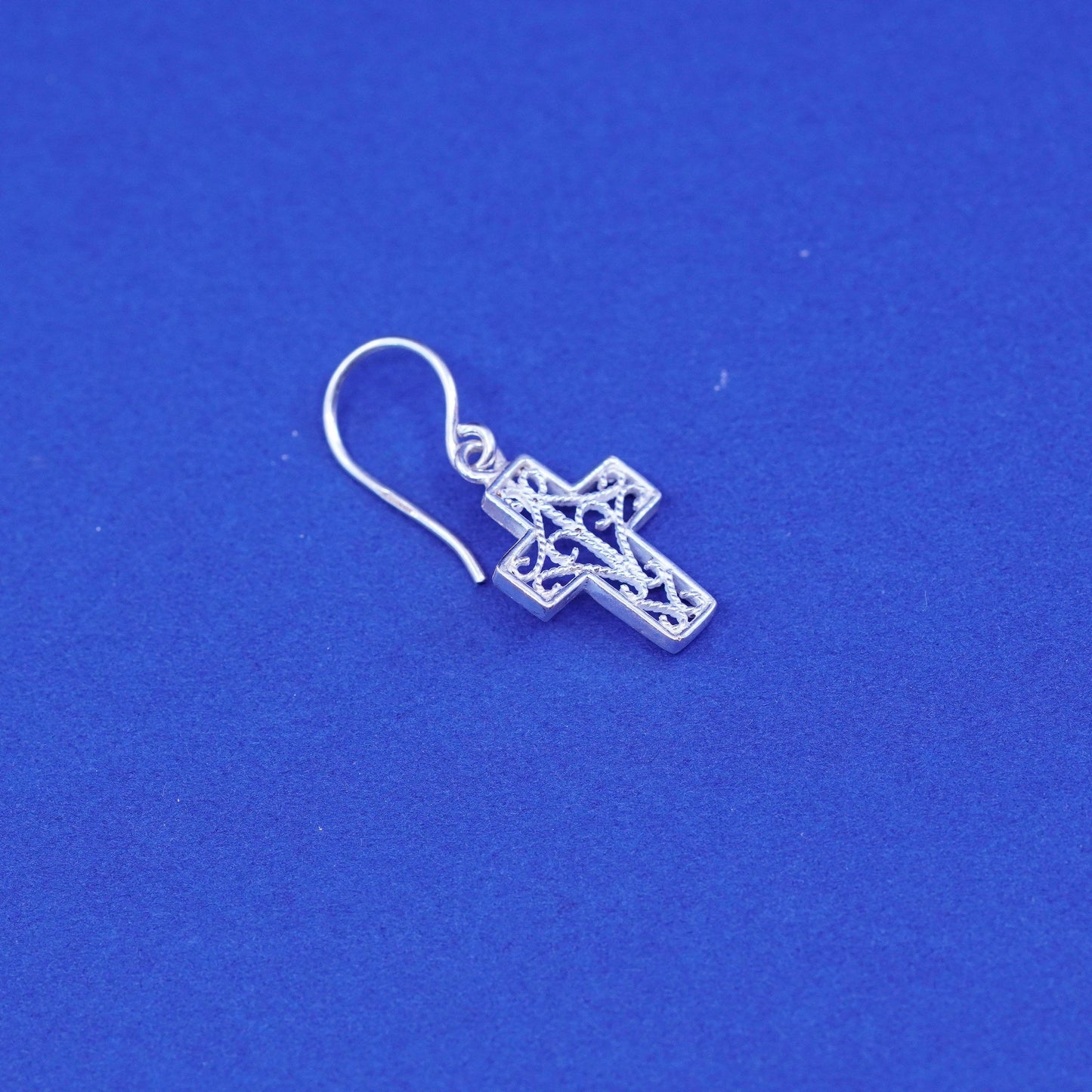 Vintage Sterling silver handmade earrings, 925 Bali filigree cross drops