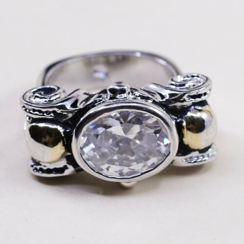 Size 6.5, Vtg Two Tone Sterling 925 Silver Handmade Ring W/ Gold Tone Beads N Cz