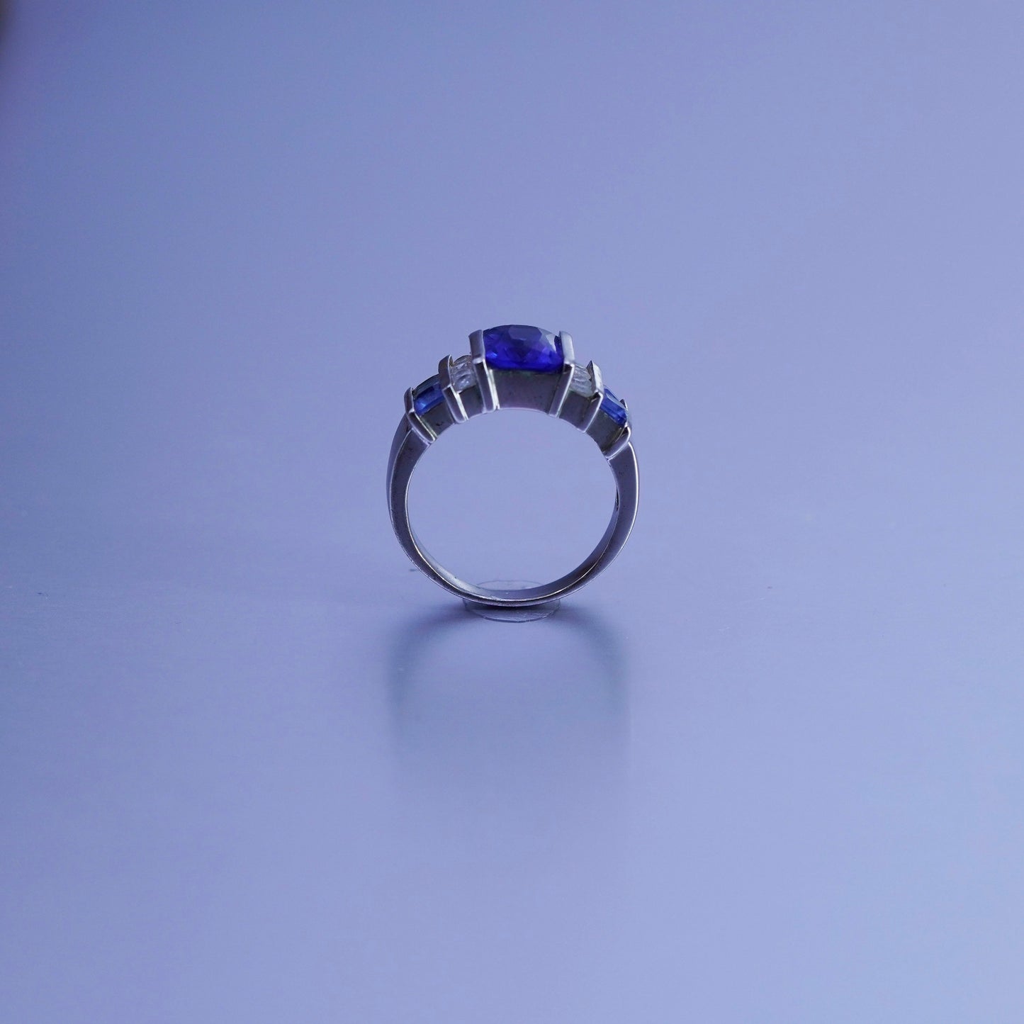 Size 7.5, vintage Sterling 925 silver handmade statement ring with blue crystal