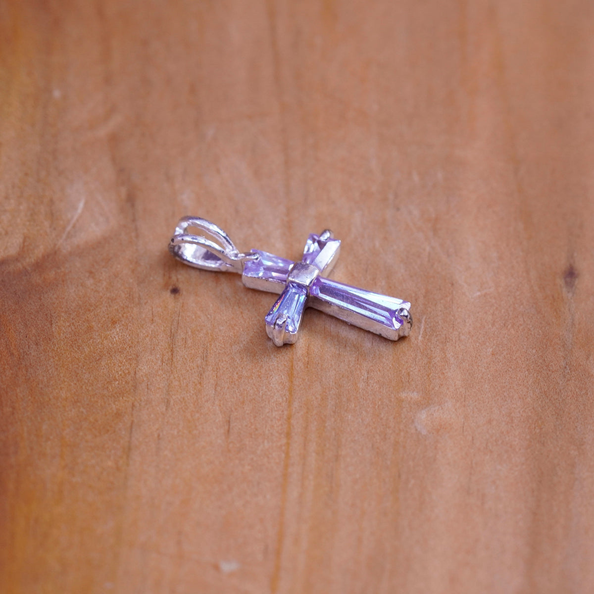 Vintage Sterling silver handmade pendant, 925 cross with Violet Cz inlay