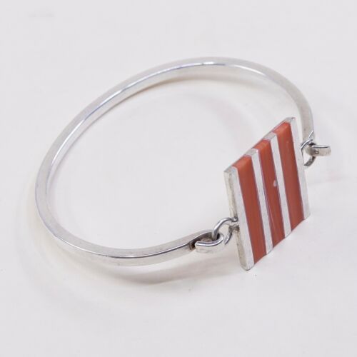 6.75”, Vtg Sterling Silver Handmade Bracelet, Mexico 925 bangle W/ Red Agate