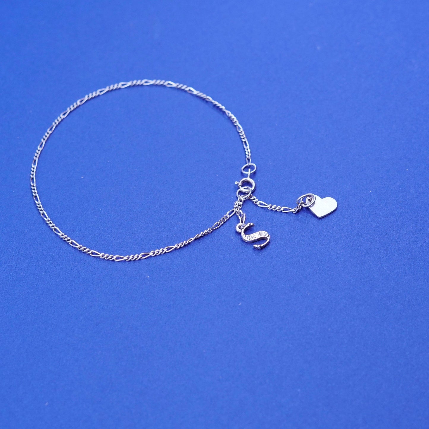 8.25”, vintage Sterling 925 silver figaro bracelet chain initial S heart charms
