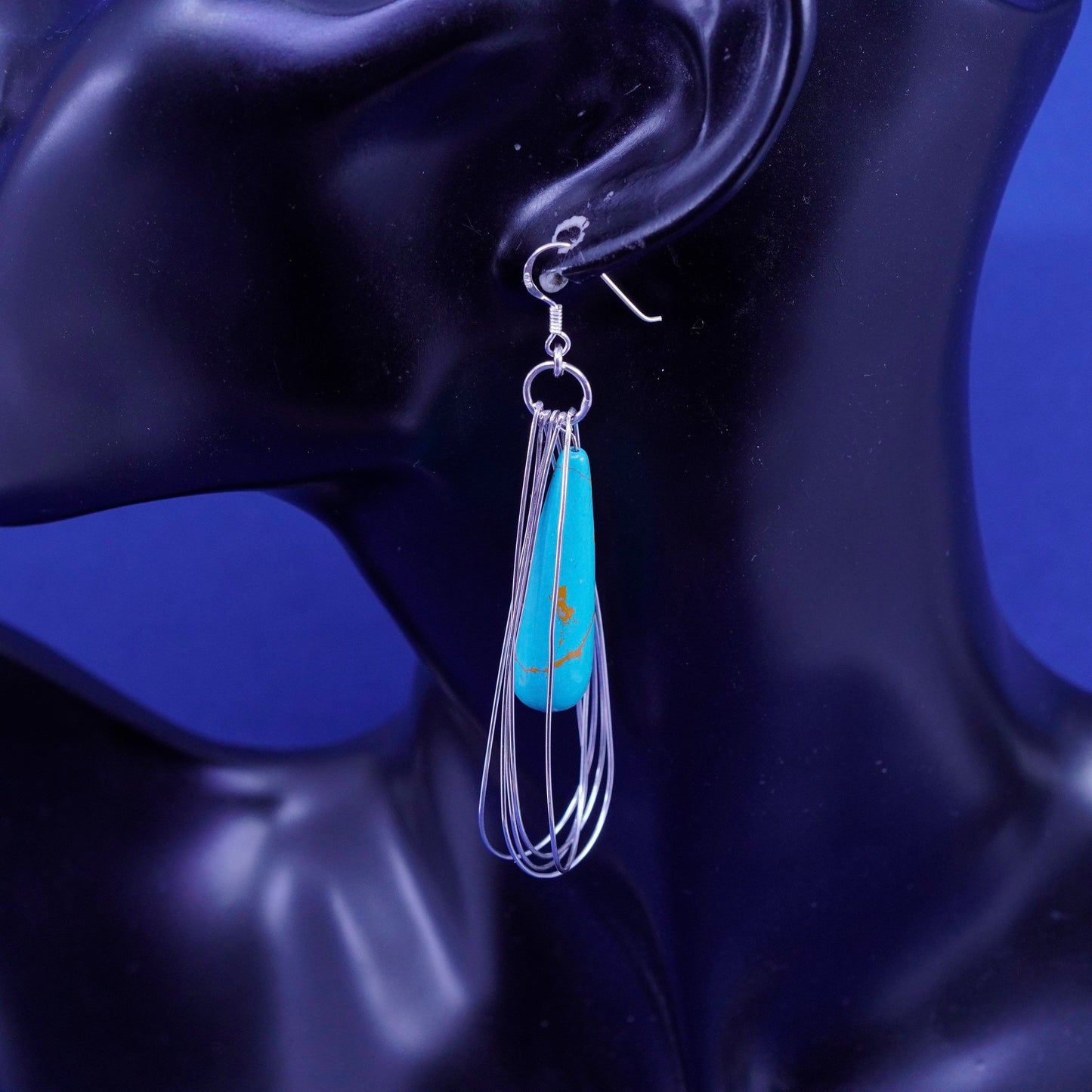 vtg Sterling silver handmade earrings, 925 teardrop loops w/ teardrop turquoise