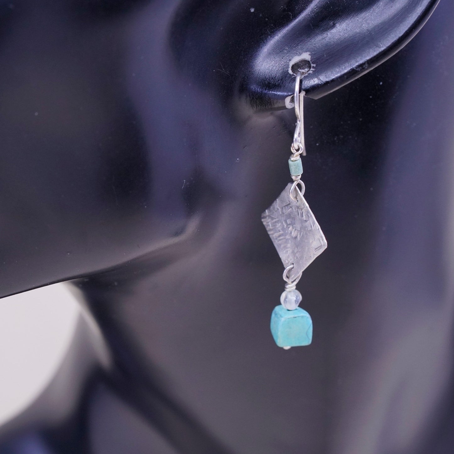 Vintage Sterling 925 silver handmade tag earrings, with cube turquoise
