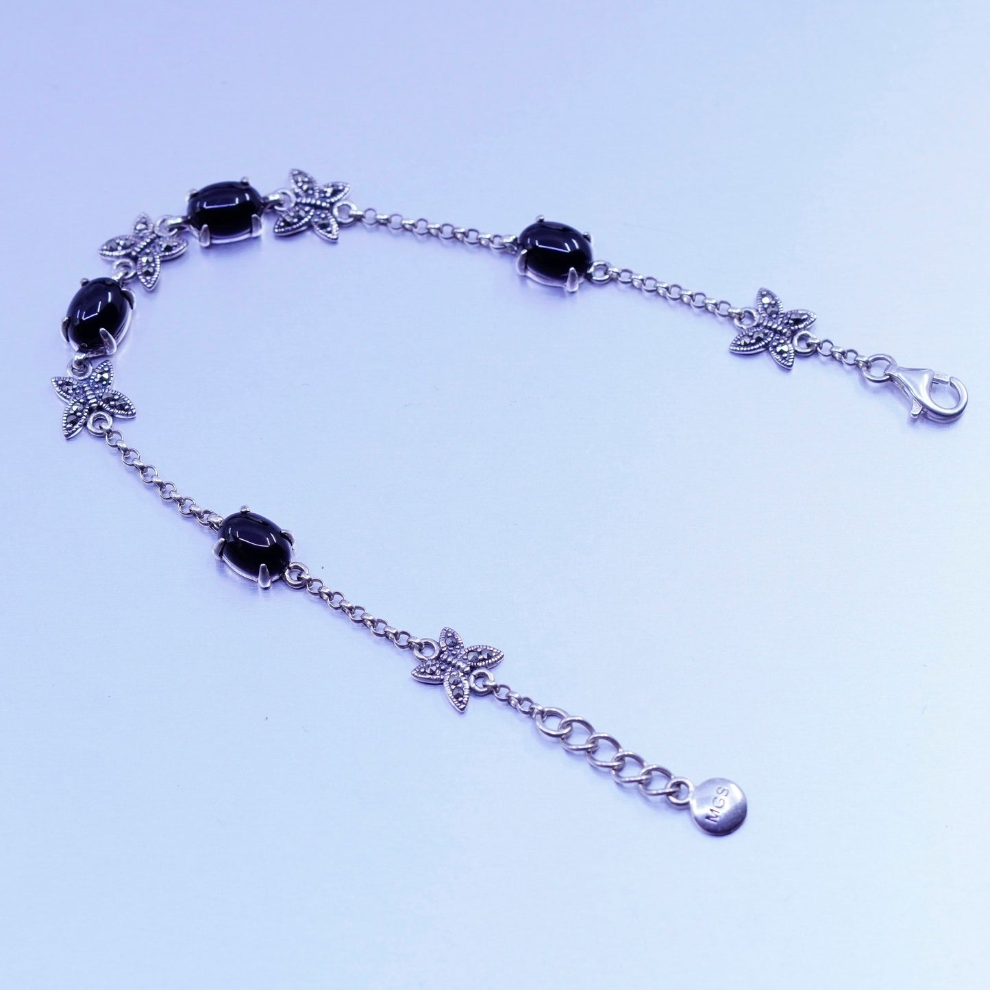 7”, MGS Sterling 925 silver bracelet with obsidian and marcasite butterfly