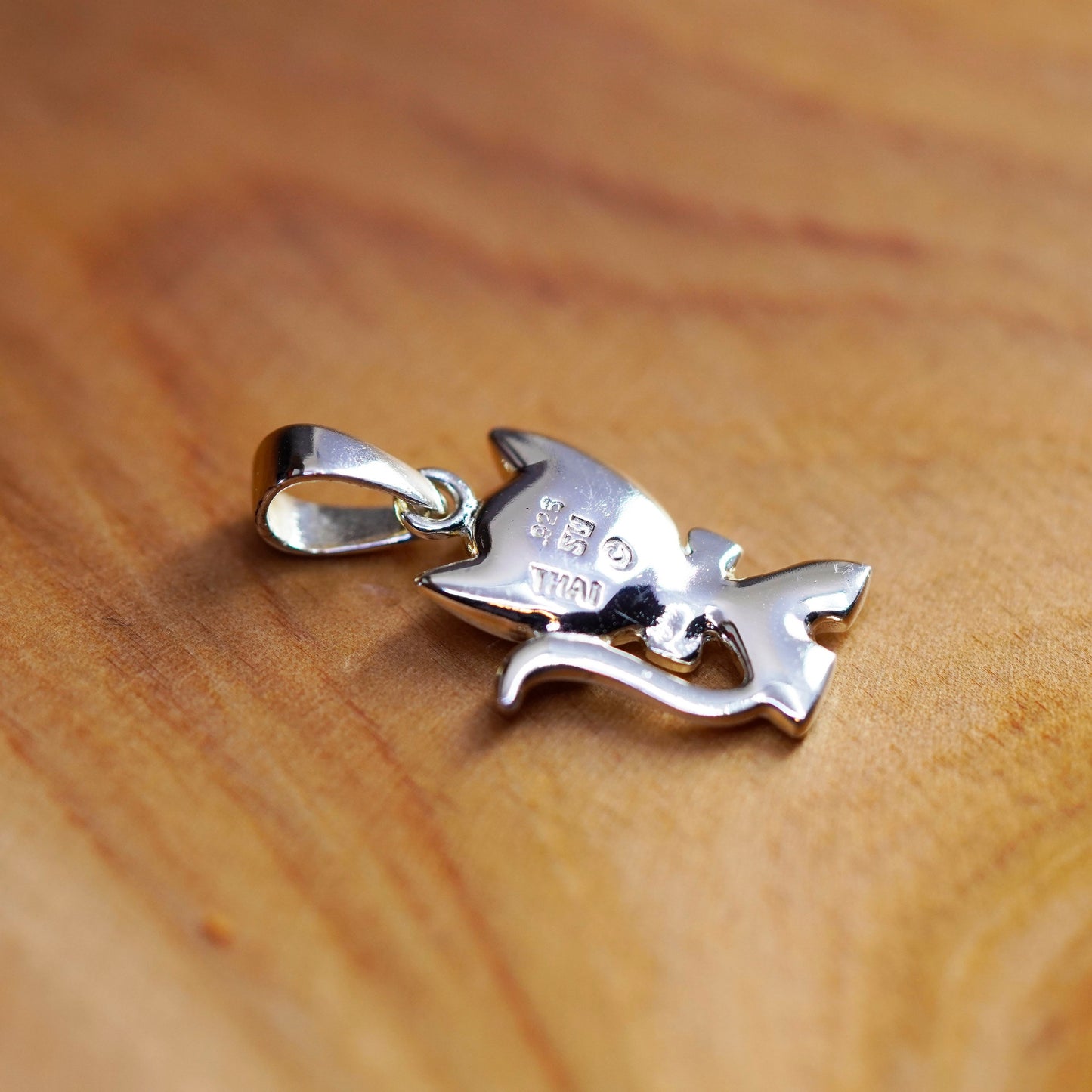 Vintage Sterling silver handmade pendant, 925 cat, kitty charm with crystal