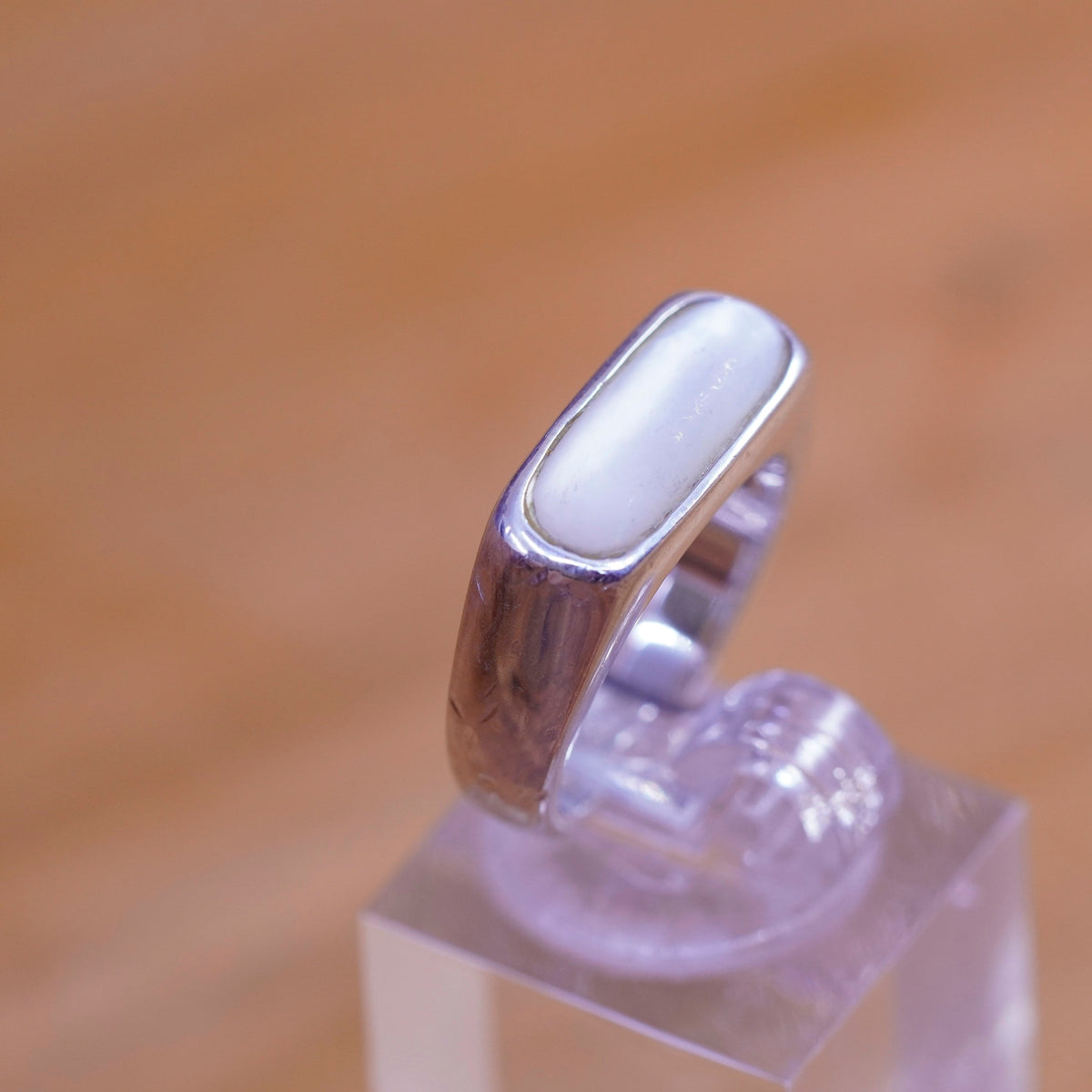 Size 6, vintage sterling 925 silver handmade band ring with long moonstone