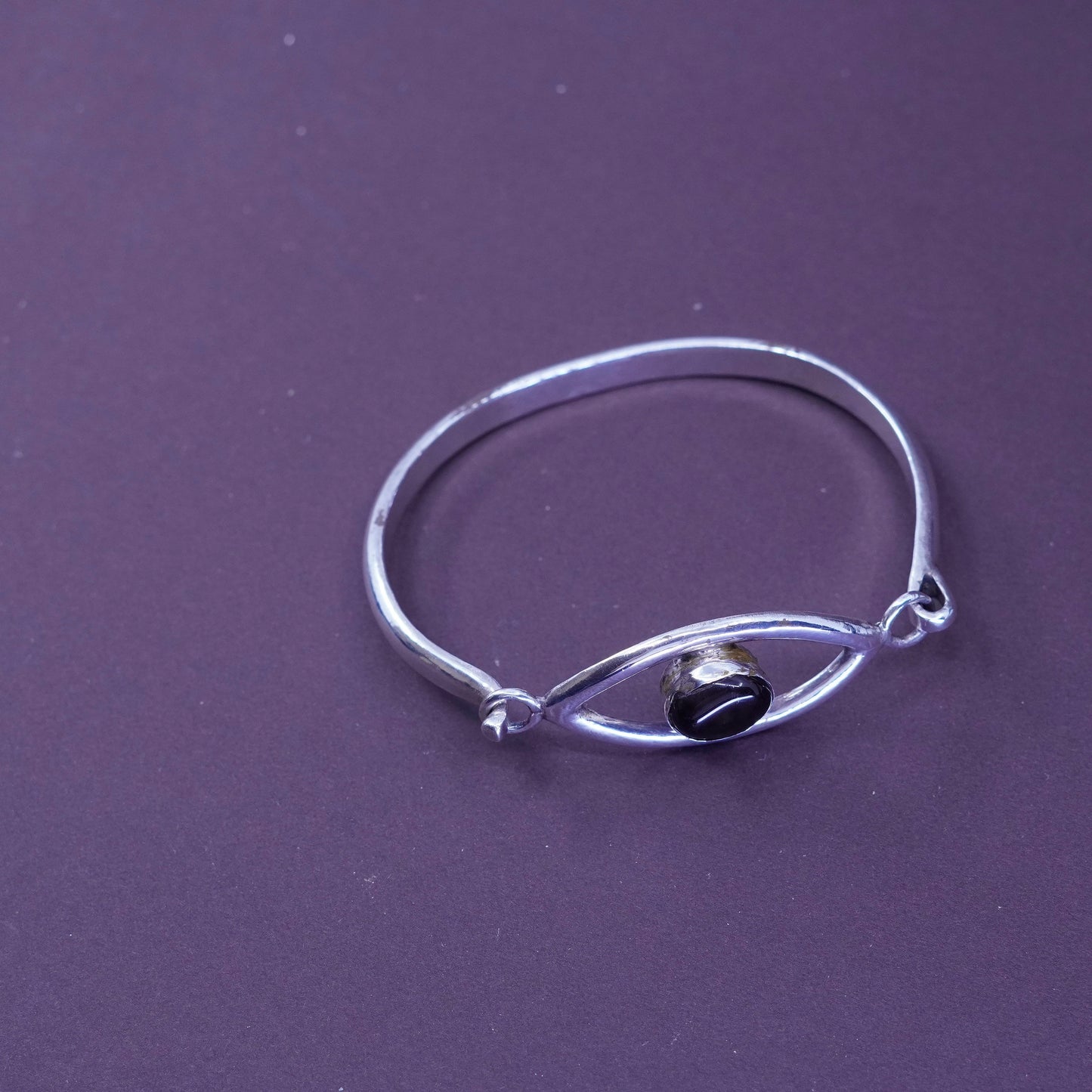 7.25”, Taxco Sterling silver bracelet, Mexico 925 hinged eye bangle w/ obsidian