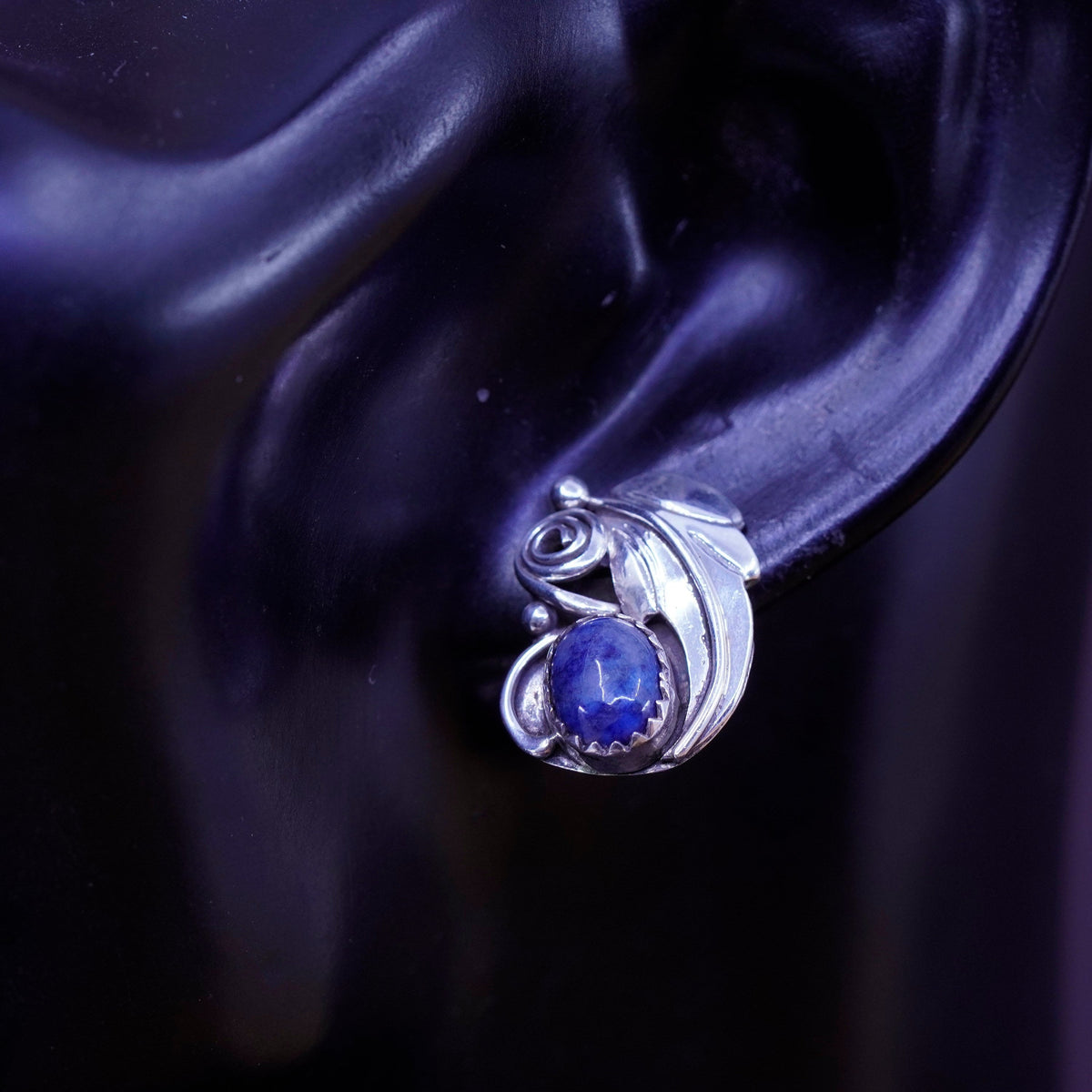 Vintage Sterling silver handmade earrings, southwestern 925 studs sodalite leaf