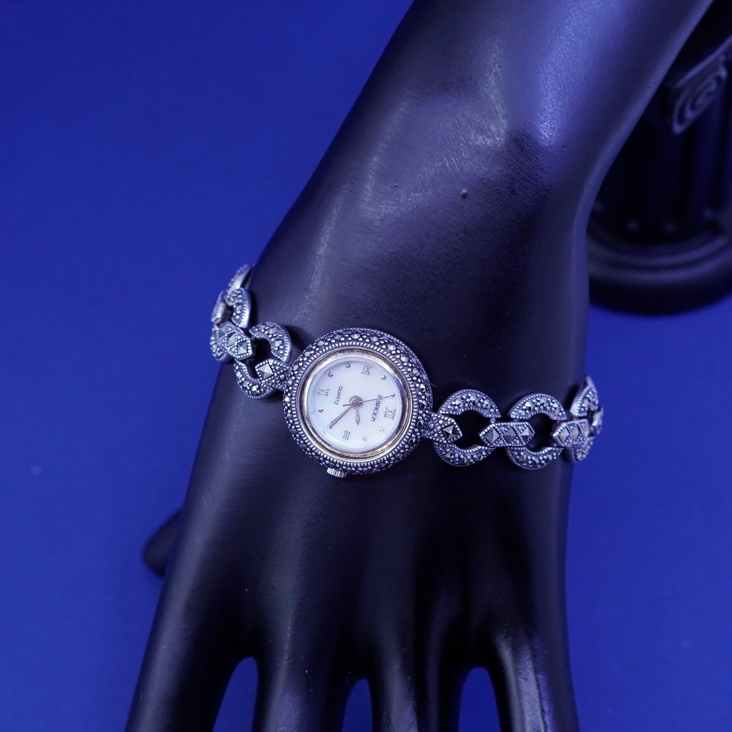 7”, Vtg suspicion lady watch with sterling 925 silver band with Marcasite