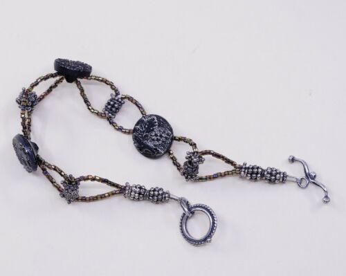 7.25”, Vtg Sterling Silver Handmade Bracelet, 925 Silver Toggle W/ Beads