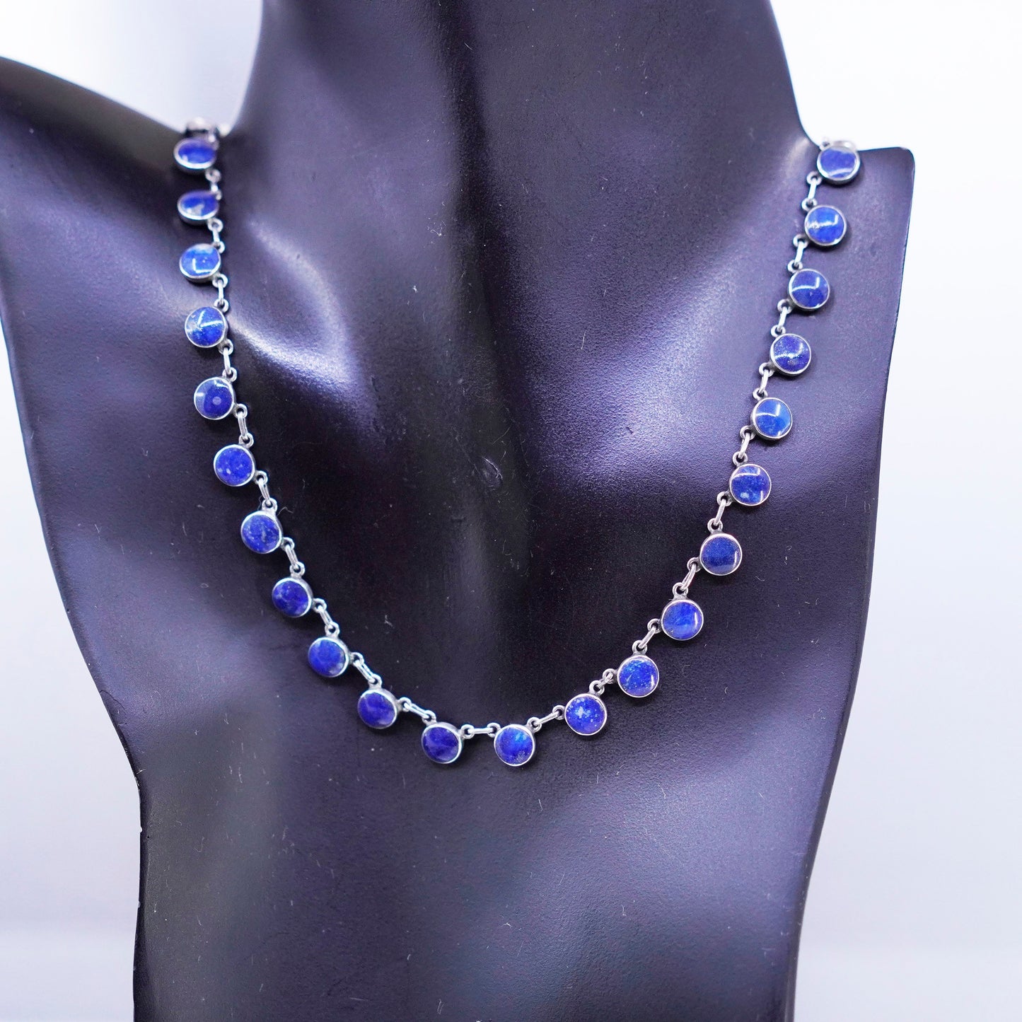 18”, Vintage Sterling 925 silver handmade circle necklace with lapis lazuli