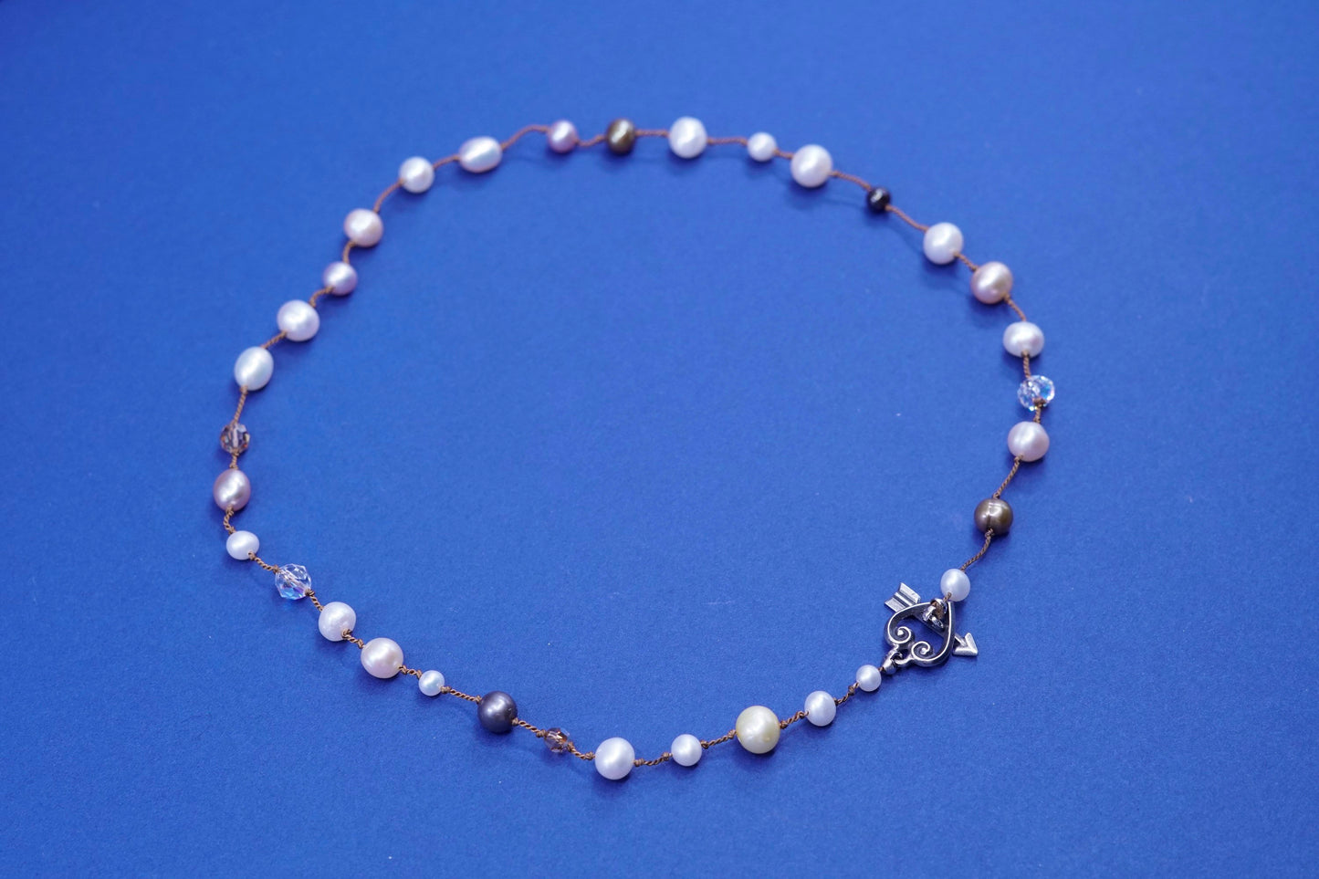 17”, Sterling silver Linen necklace, 925 heart clasp w/ pearl crystal beads