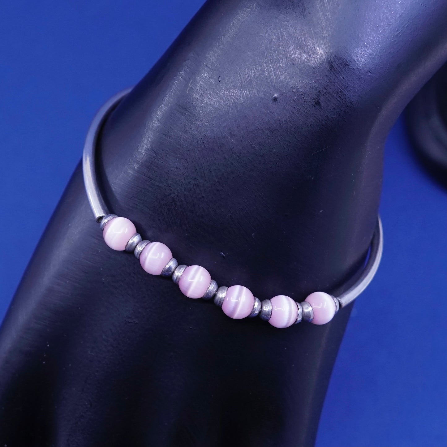 6.5”, Sterling silver handmade bangle bracelet, 925 bangle w/ pink cat’s eye