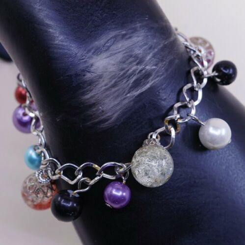 7.25”, Vtg Antique Silver Tone Handmade Bracelet W/ Blue Pear N Foiled Glass