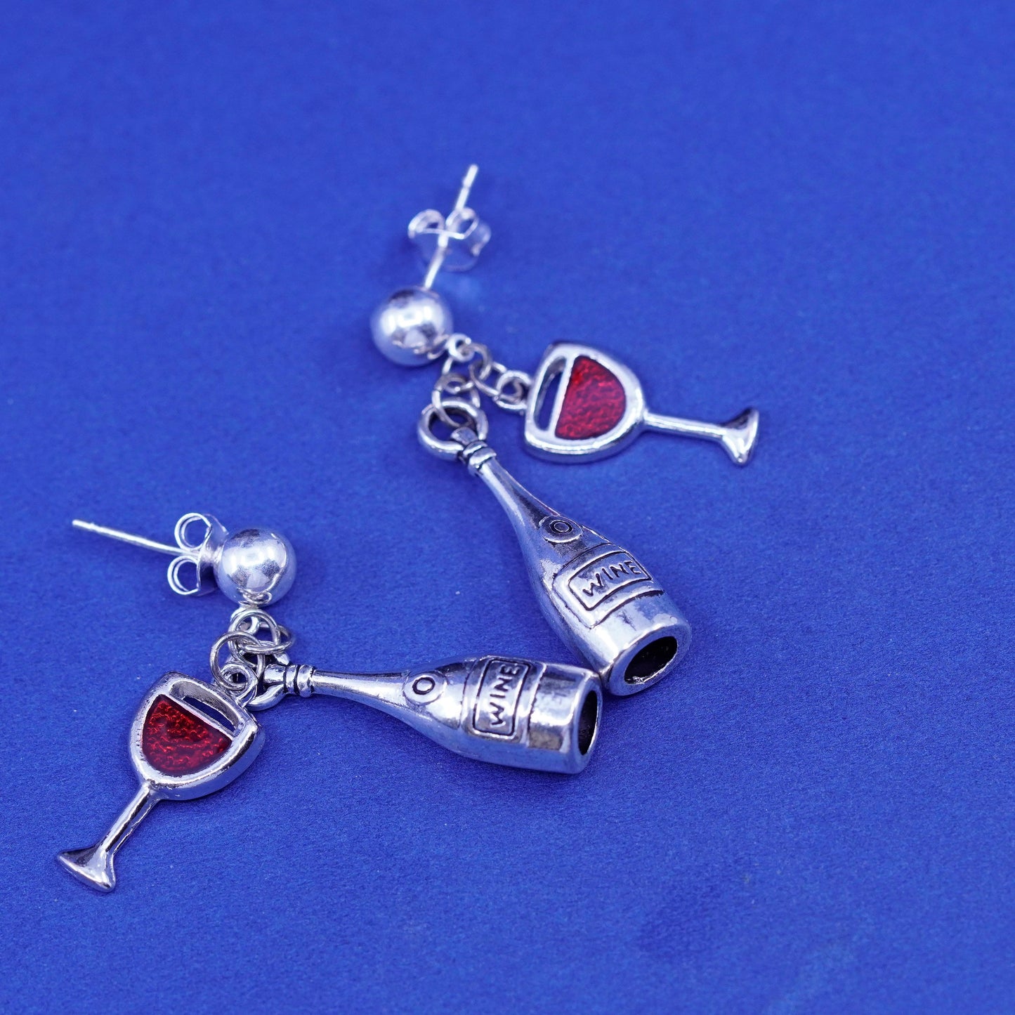 Vintage sterling 925 silver handmade wine bottle glass earrings with enamel