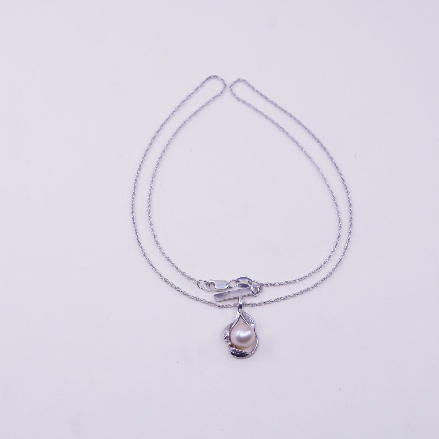 18”, vintage sterling 925 silver Singapore chain necklace pearl leaf pendant