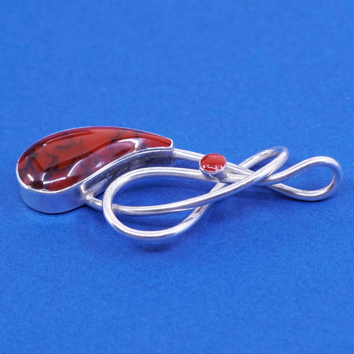 vtg mexico sterling silver handmade pendant, 950 w/ teardrop red bloodstone