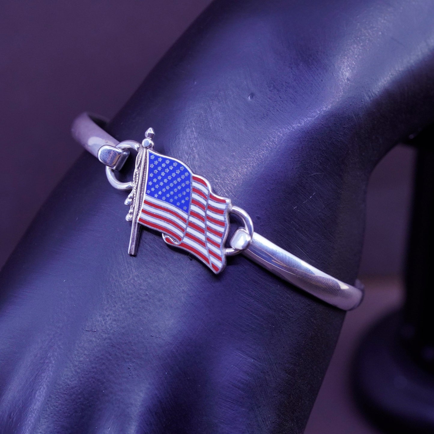 6.5”, sterling silver handmade bracelet, hinged bangle enamel American flag