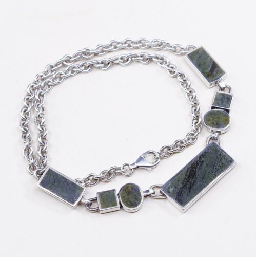 18”, 4mm, Vtg Handmade Sterling 925 Silver Circle Chain W/ Green Agate Inlay