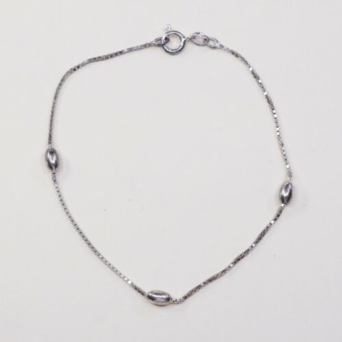 9”, 1mm, Vtg Sterling Silver bracelet, 925 Italy Box chain W/ Beads, Stamped 925