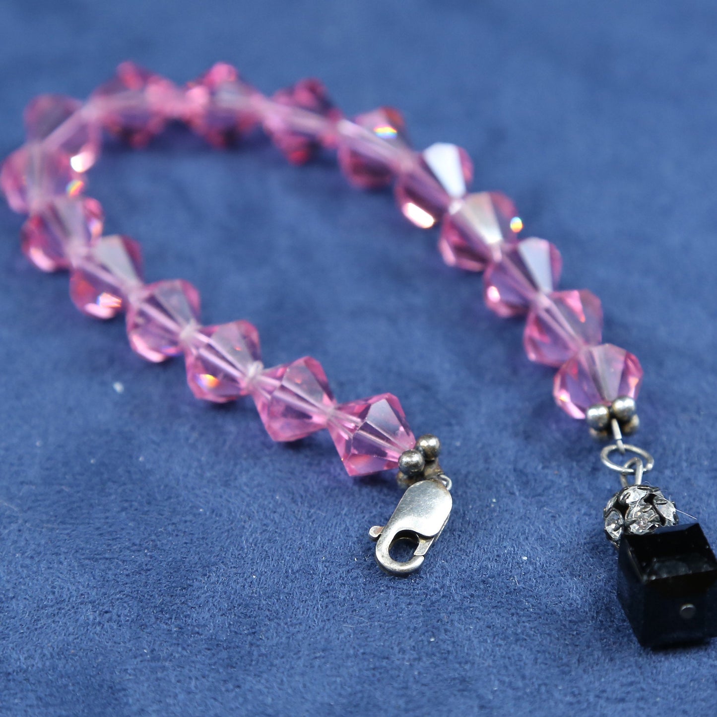 7”, vtg sterling silver handmade bracelet, 925 w/ pink crystal beads