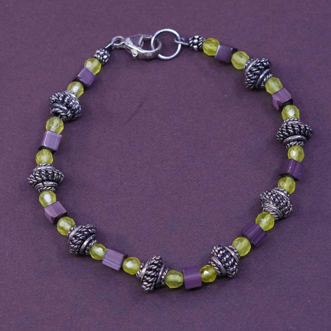 7", Sterling 925 silver bracelet w/ peridot N golden tiger eye beads bracelet