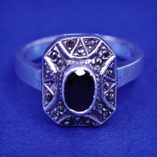 Size 6.5, vintage Sterling 925 silver handmade ring band black onyx marcasite