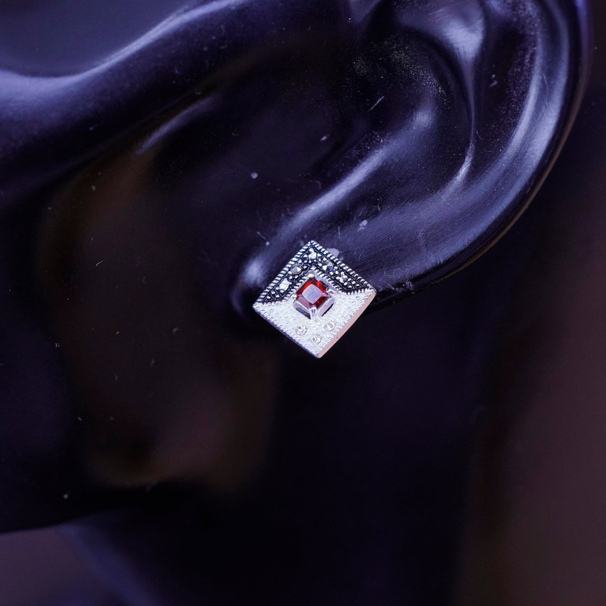Sterling Silver Handmade Earrings, 925 Square studs with ruby Marcasite and Cz