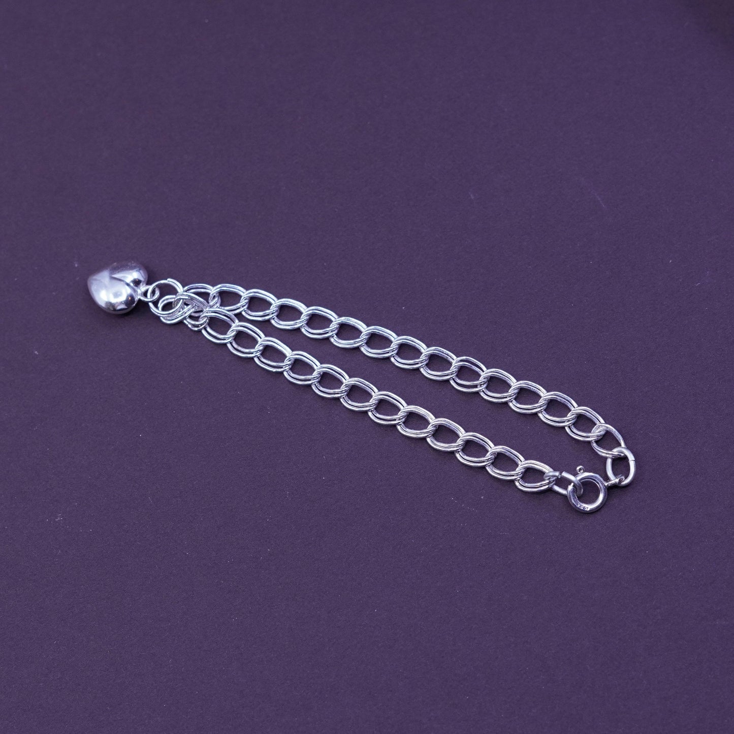 7”, vintage Sterling silver handmade double curb chain, 925 bracelet w/ hearts