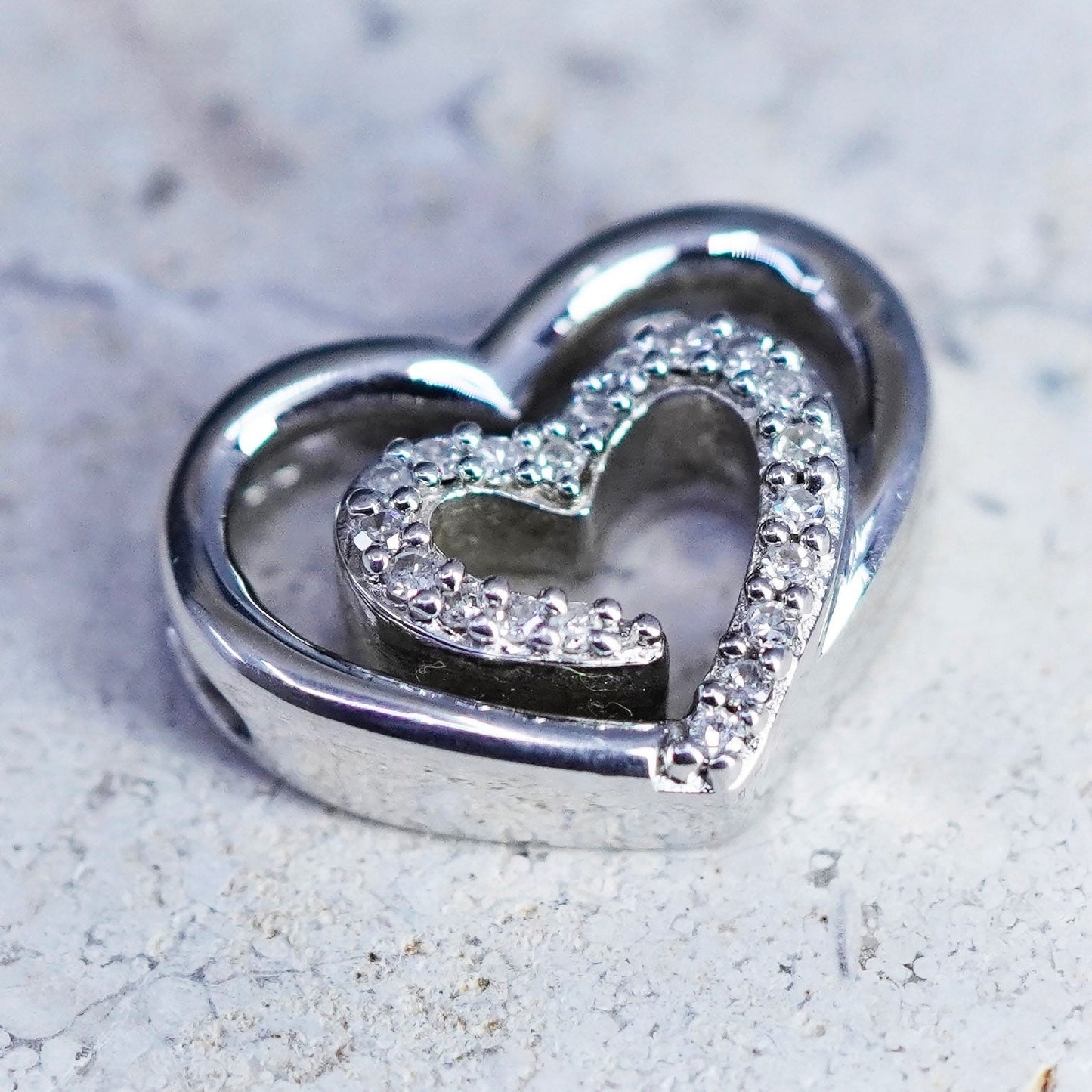 Vintage Sterling silver handmade pendant, 925 heart with genuine diamond center