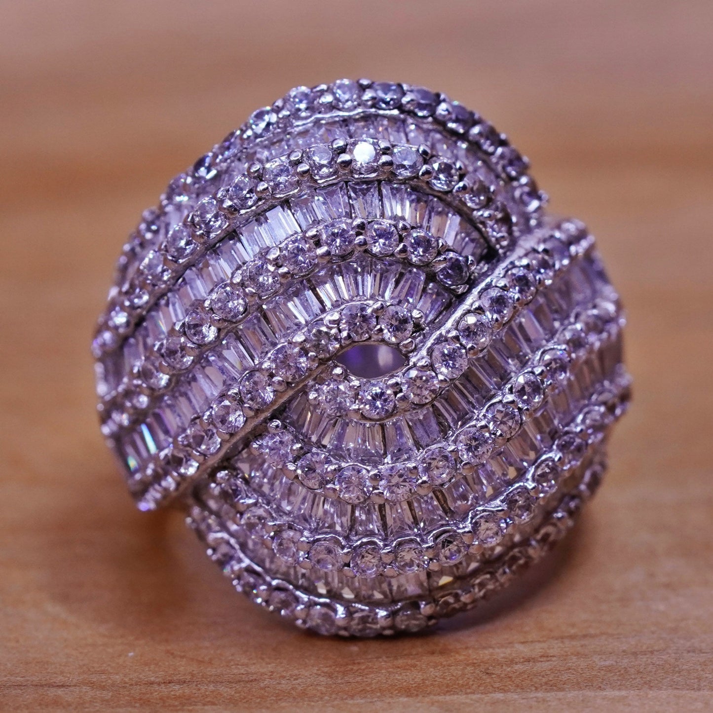 Size 8, vintage Sterling silver statement ring, 925 entwined with cluster Cz