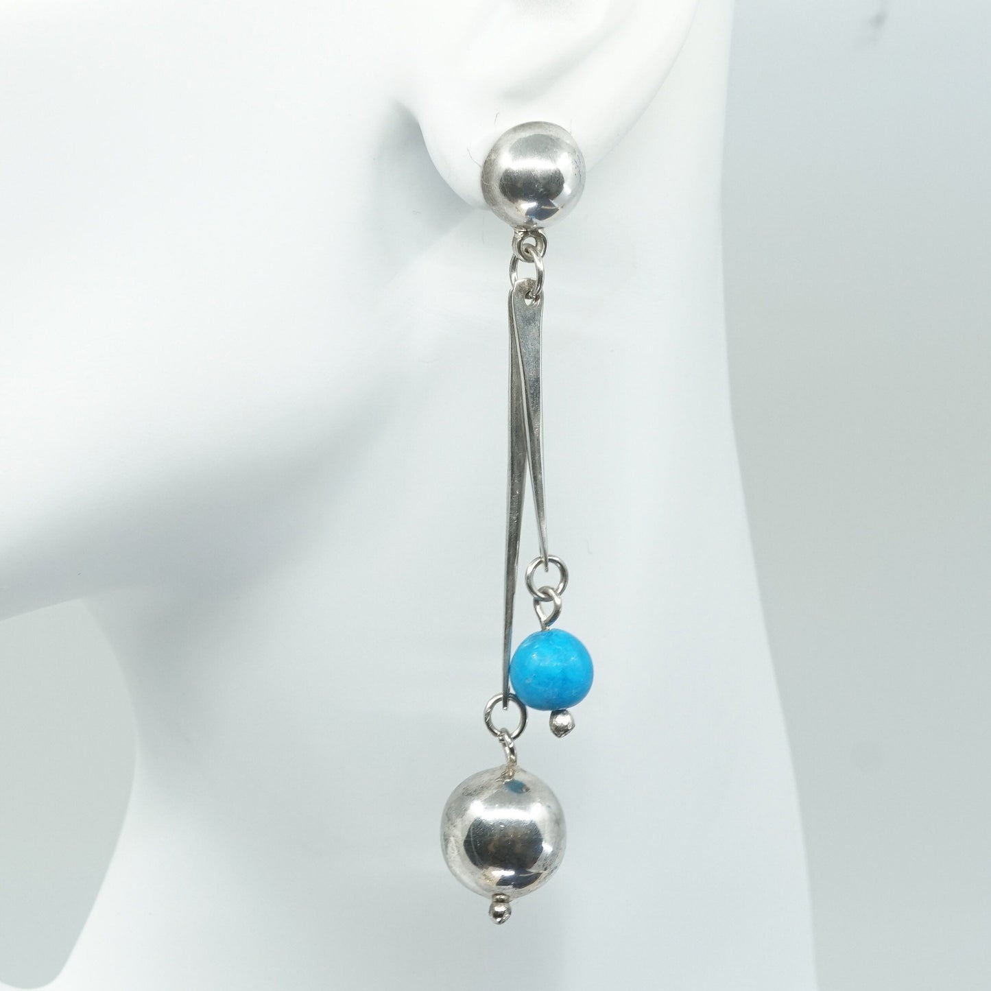 3”, vtg sterling 925 silver handmade long earrings w/ turquoise beads