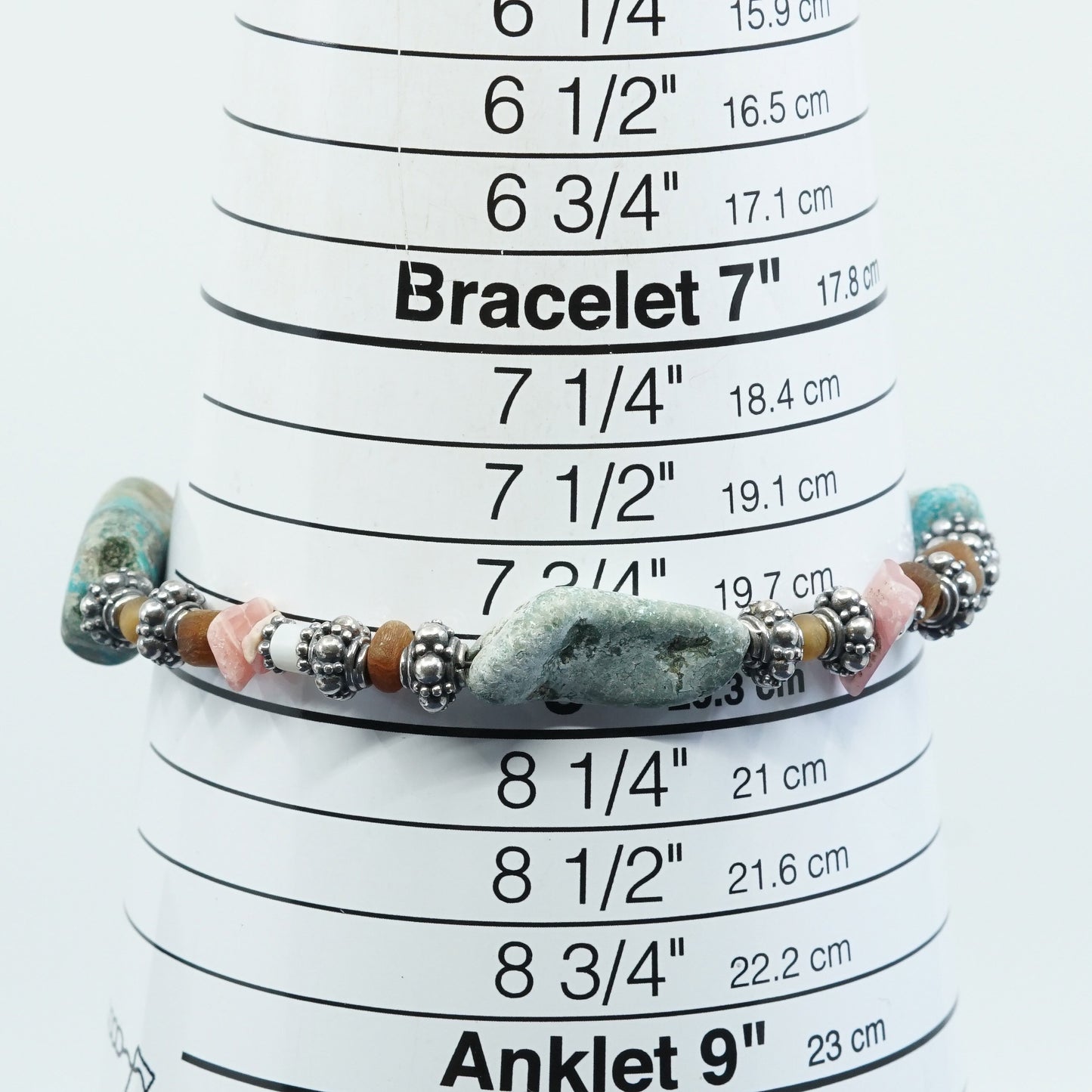 7.5”+1”, vtg sterling silver handmade bracelet, 925 w/ turquoise N coral beads
