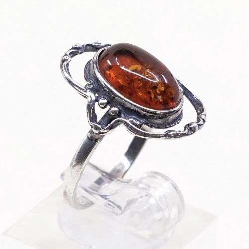 Sz 6.75, Orangle Amber Cabochon Sterling 925 Silver Handmade Ring