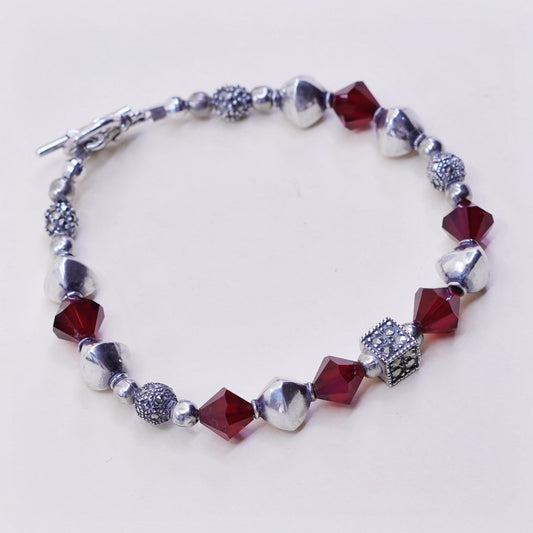 6.75”, handmade bracelet, ruby with sterling 925 silver beads N toggle closure