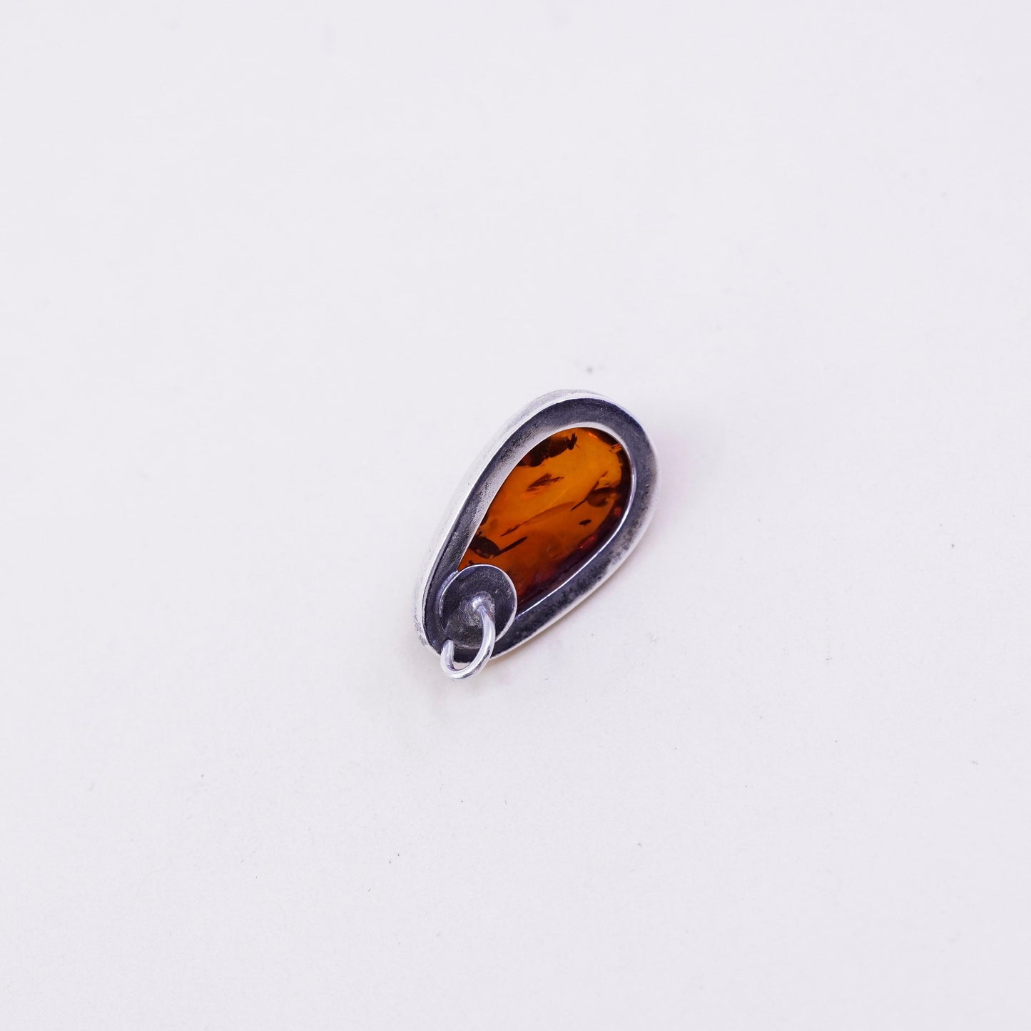 Vintage sterling 925 silver handmade pendant with teardrop amber