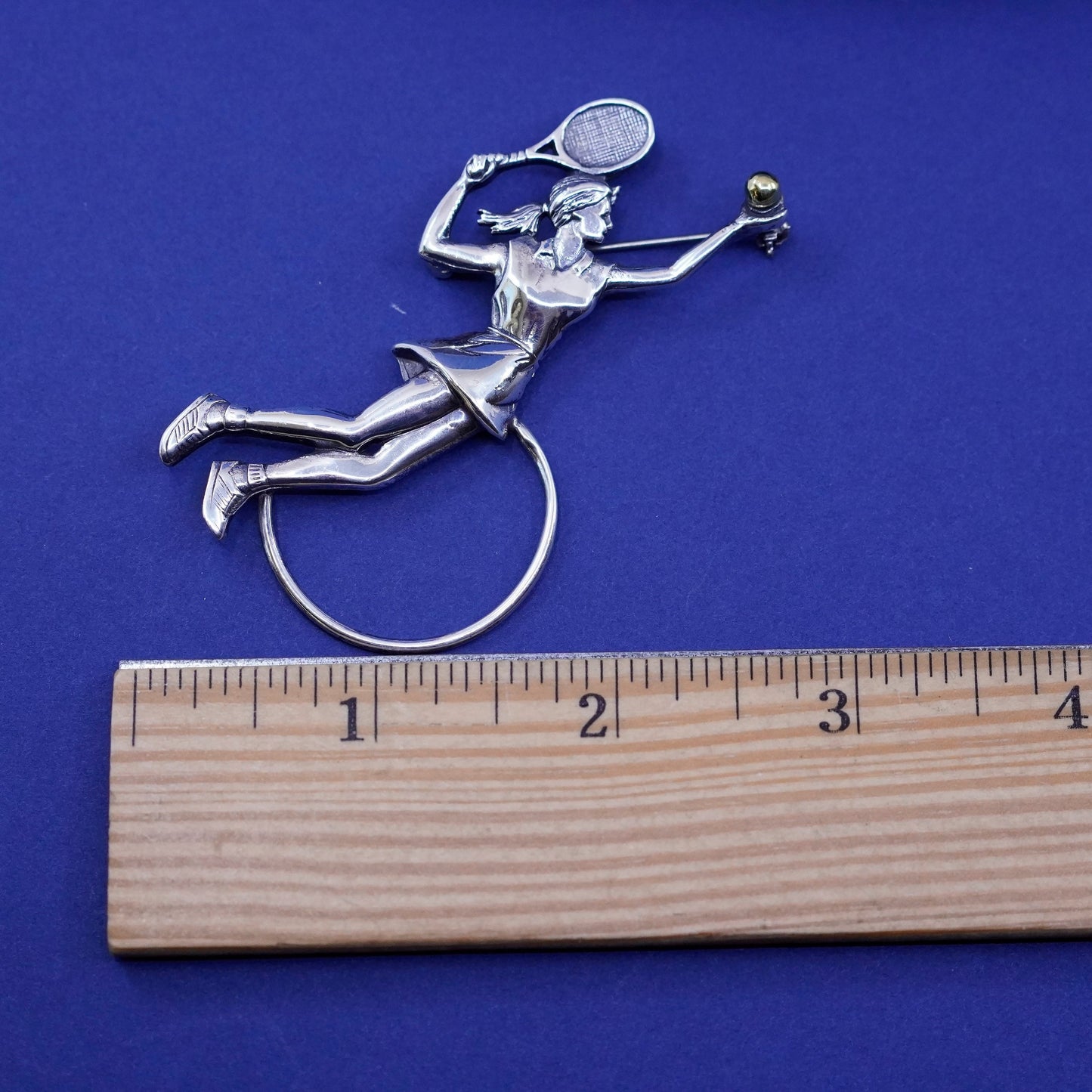 ancient Sterling 925 silver handmade tennis girl pin brooch with 14K Gold ball