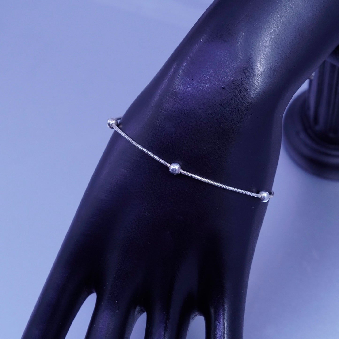 7”, 1mm, Sterling 925 silver handmade bracelet, snake chain with beads
