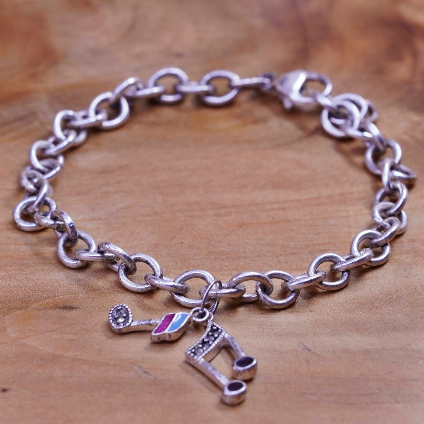 7”, vtg Sterling silver handmade bracelet, 925 circle chain music symbol charm