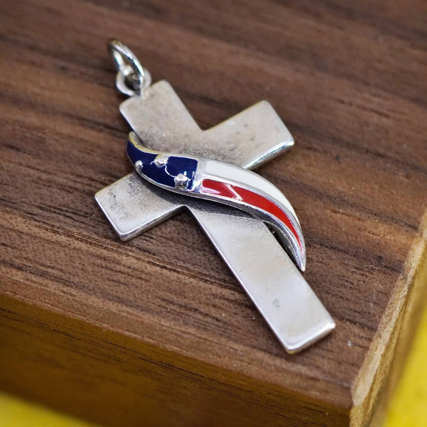 Vintage Sterling silver handmade pendant, 925 cross with enamel flag