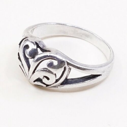 Size 6, Vtg Sterling Silver Handmade Ring, 925 Silver Band W/ Filigree Heart