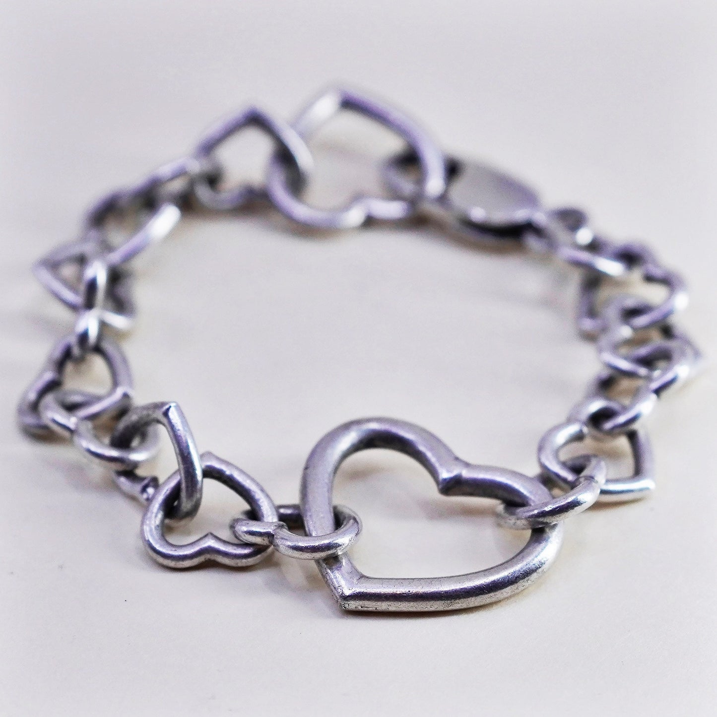 6”, Vintage sterling silver handmade link bracelet, 925 heart chain
