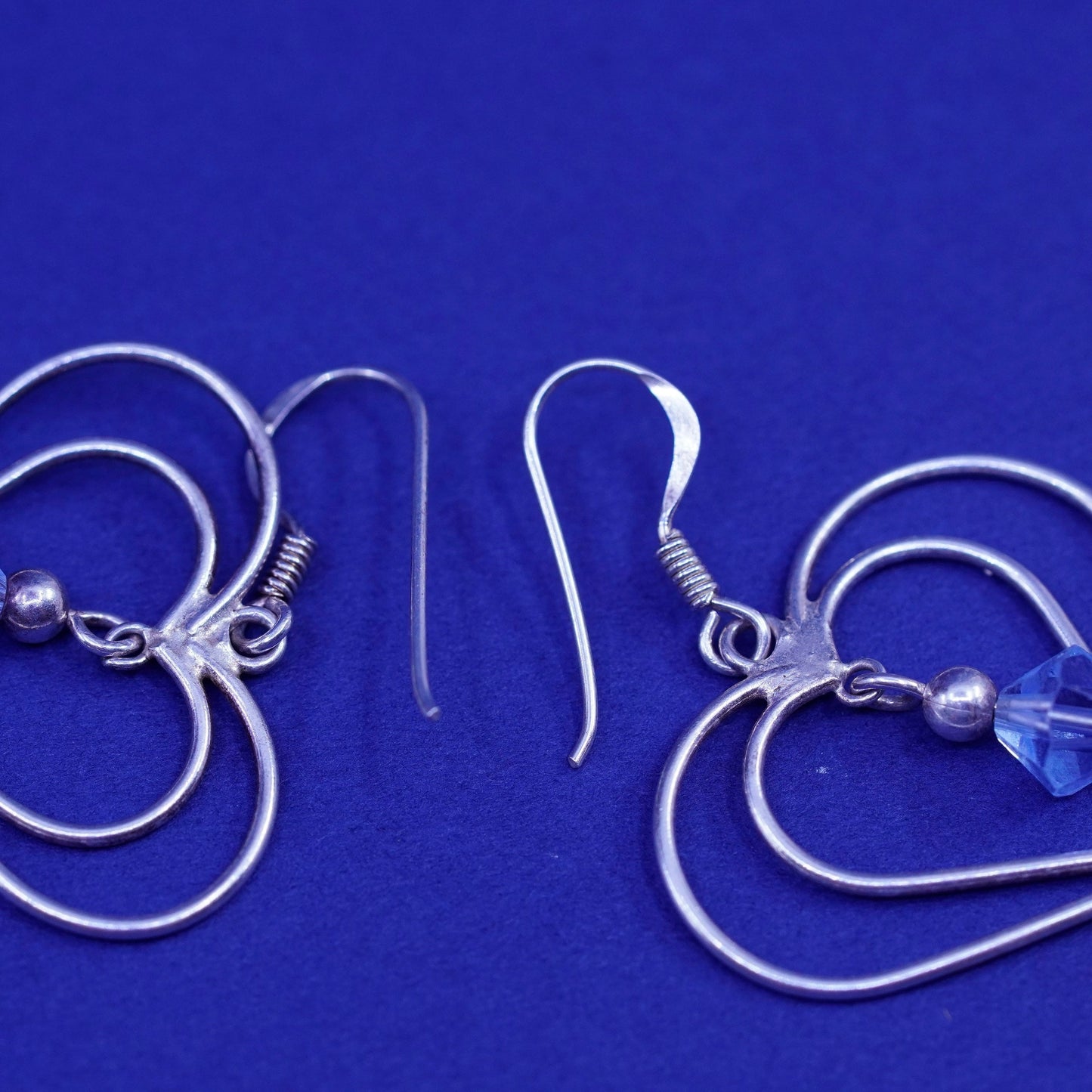 Vintage Sterling 925 silver handmade earrings, double heart Dangle and blue Cz